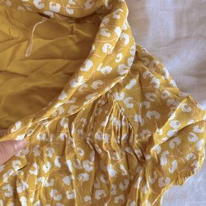 Free people sz 6 mustard yellow w pink and white flower print, sun dress.